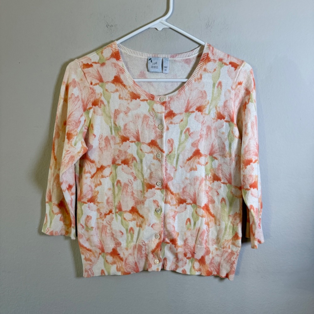 J. Jill Floral Watercolor Cardigan Orange Peach 3/4 Sleeve Cotton‎ Blend XS